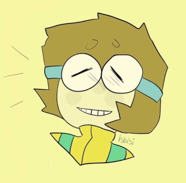 My profile image on GitHub. A yellow background with a smiling/blushing person, with big round glasses attached using a blue strap behind their head, brown hair almost to neck-length. Their outfit is yellow with two greenish-blue stripes. The artist handle is isbisi