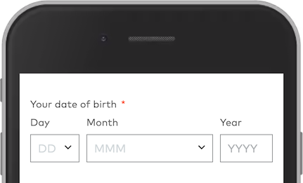 A screenshot of a form. The top label says "Your date of birth*". Under it you see three label and input combinations for Day, Month and Year respectively