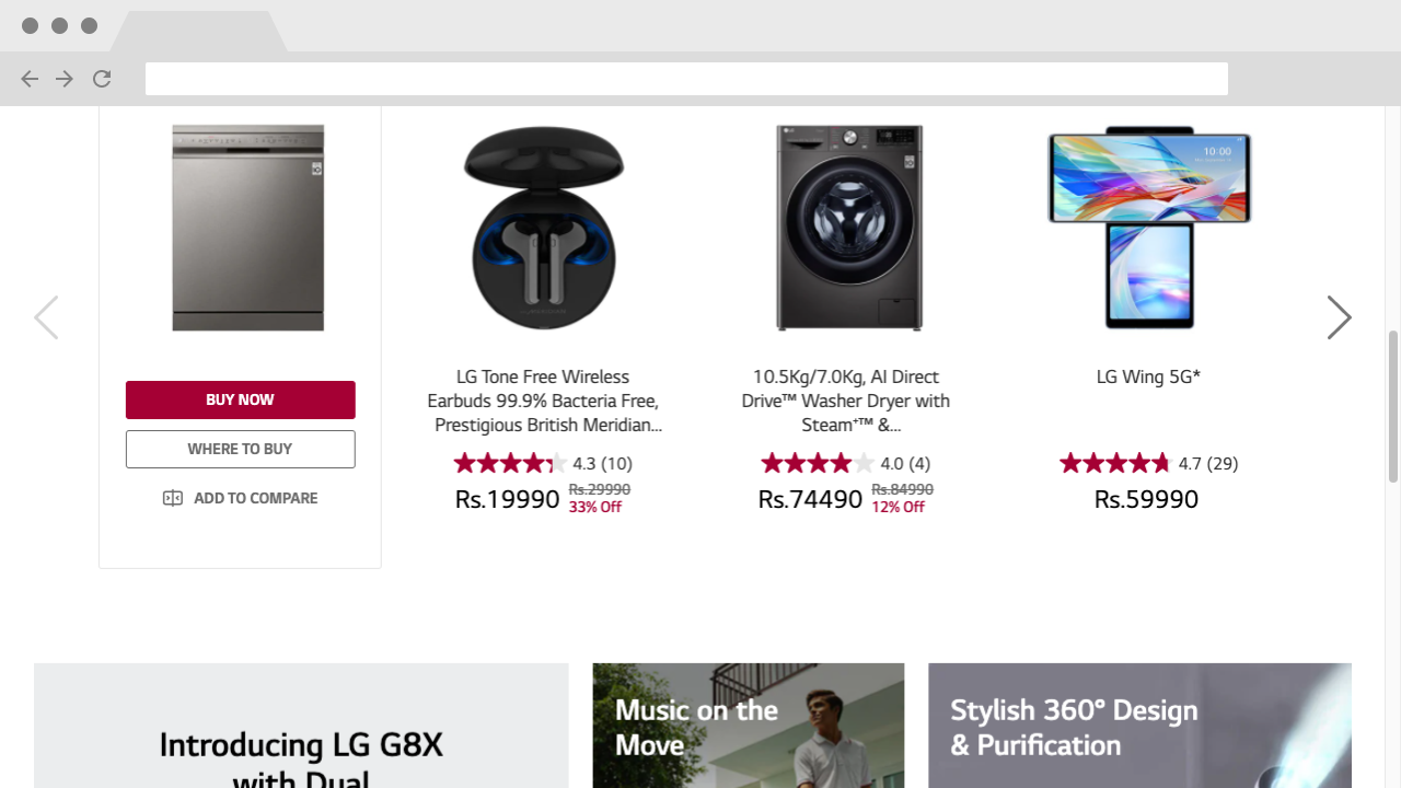 A screenshot of the LG India web page. With the exception of the price, all text is 18px. The before-discount price is large, but the discount amount & percent are smaller than the default text