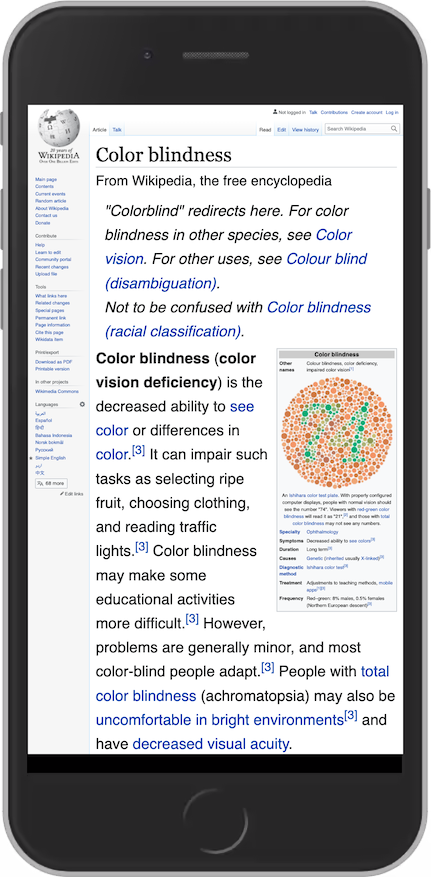 A screenshot from the wikipedia article on colour blindness. The CSS has been modified so that the links are coloured blue, without an underline