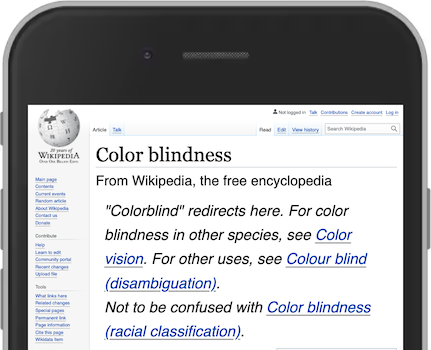 A screenshot from the wikipedia article on colour blindness. The CSS has been modified so that the distinctive blue links are decorated using a soft grey line a few pixels below it